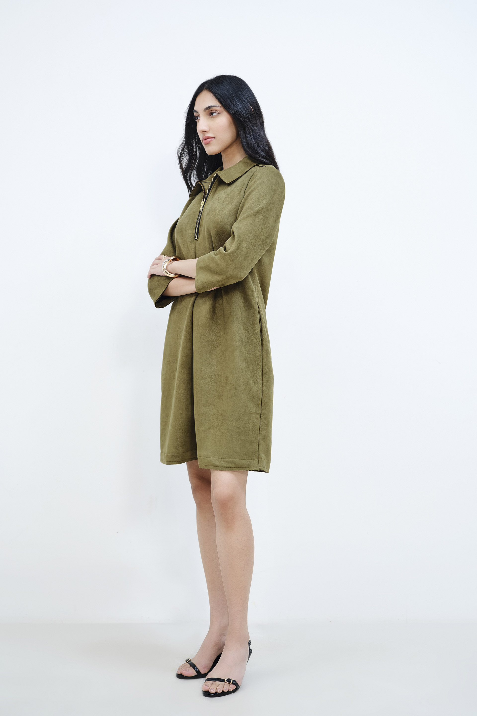 Safari Olive Suede Dress, Olive, image 3